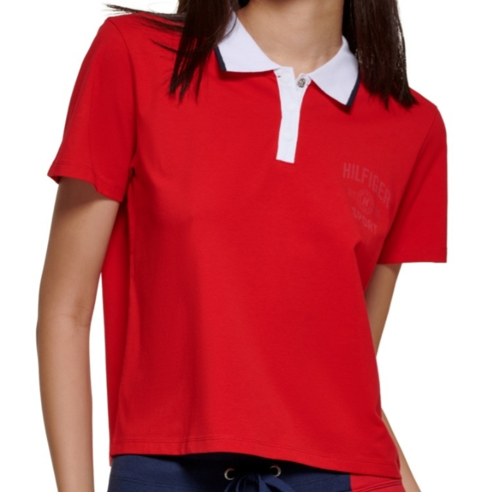 Tommy Hilfiger Sport Cropped Red and White Polo Shirt Size L
